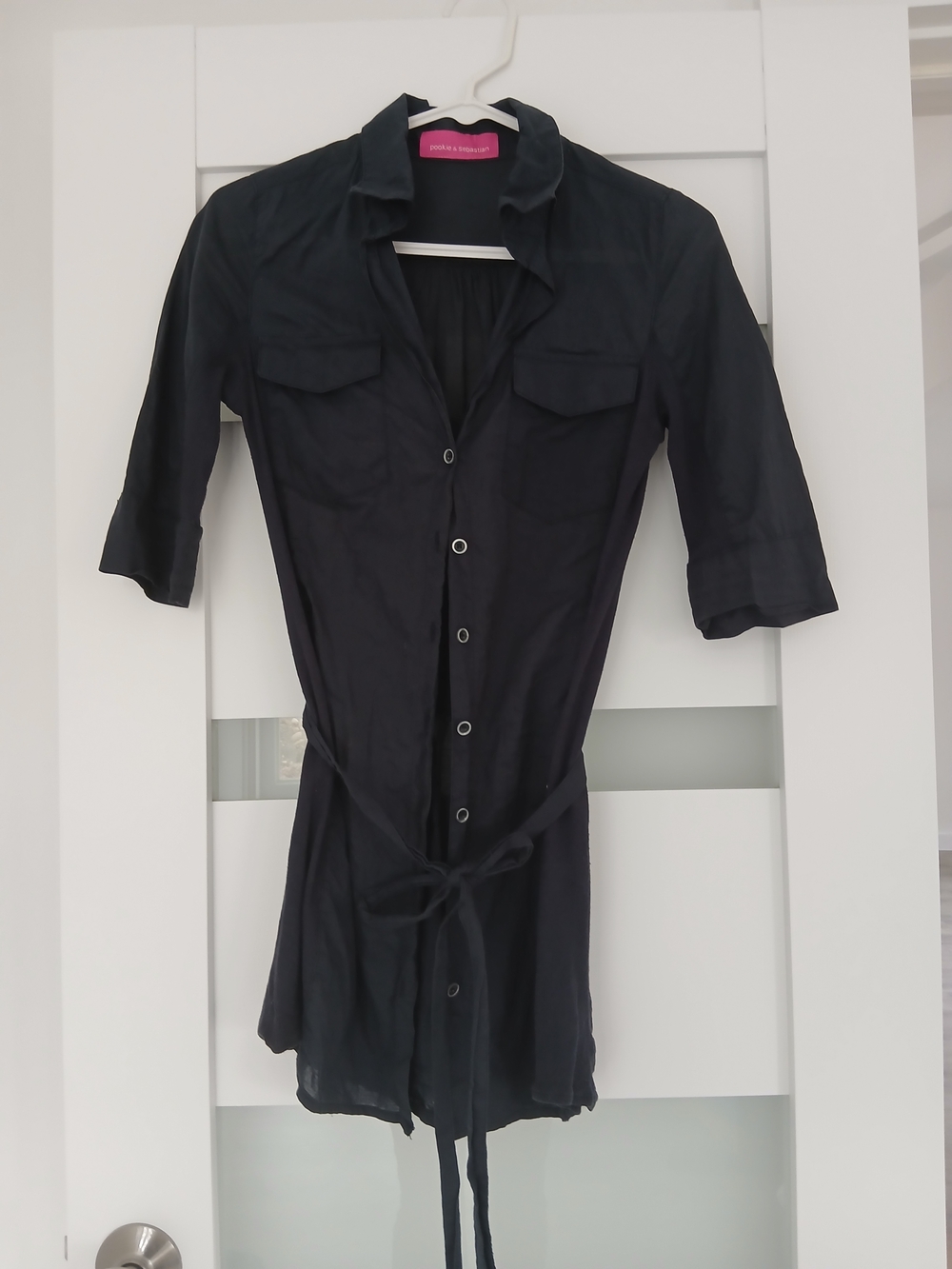 Plain Navy Button-Front Mini Shirt Dress with Tie Waist